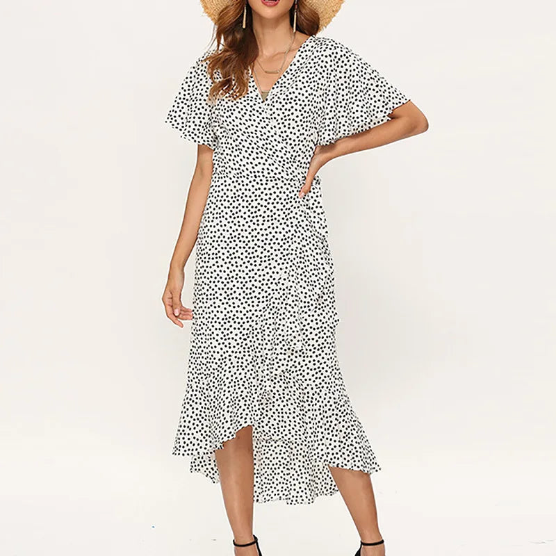 Bohemian Lace-Up Chiffon Long Dress – Women's V-Neck Irregular High Waist Beach Dress