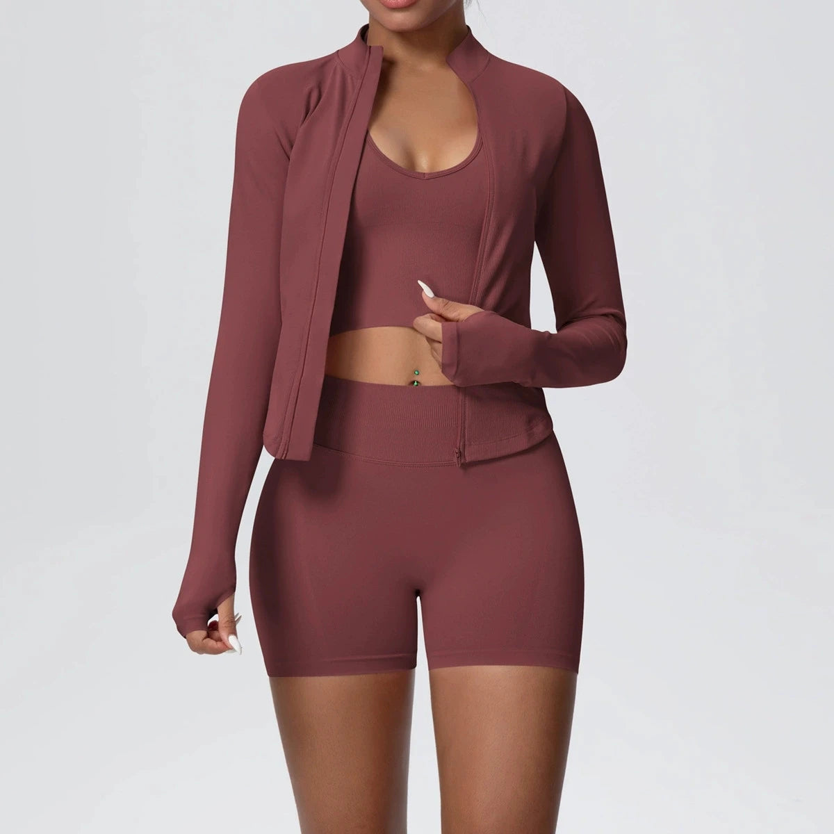 Women's 3-Piece Seamless Yoga Suit | Shockproof Bra Crop Top & Long Sleeve Gym Legging Set