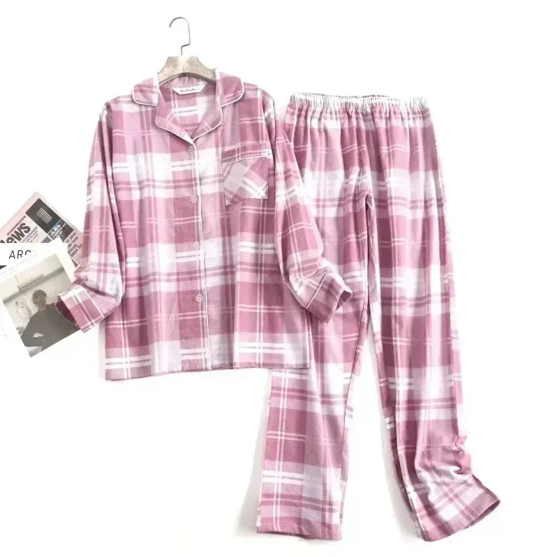 Women's Cotton Flannel Pajama Set | Plaid Long Sleeve Long Pants Loose Autumn Winter Sleepwear