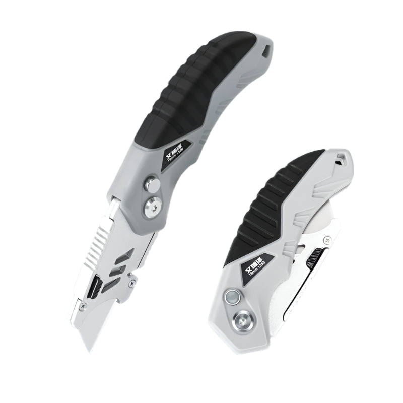 Two folding knives with a black and gray design on a dark background, featuring the AIRAJ brand.