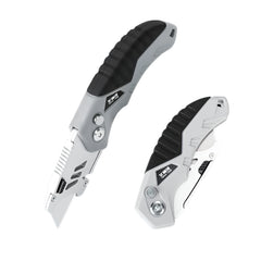 Two folding knives with a black and gray design on a dark background, featuring the AIRAJ brand.