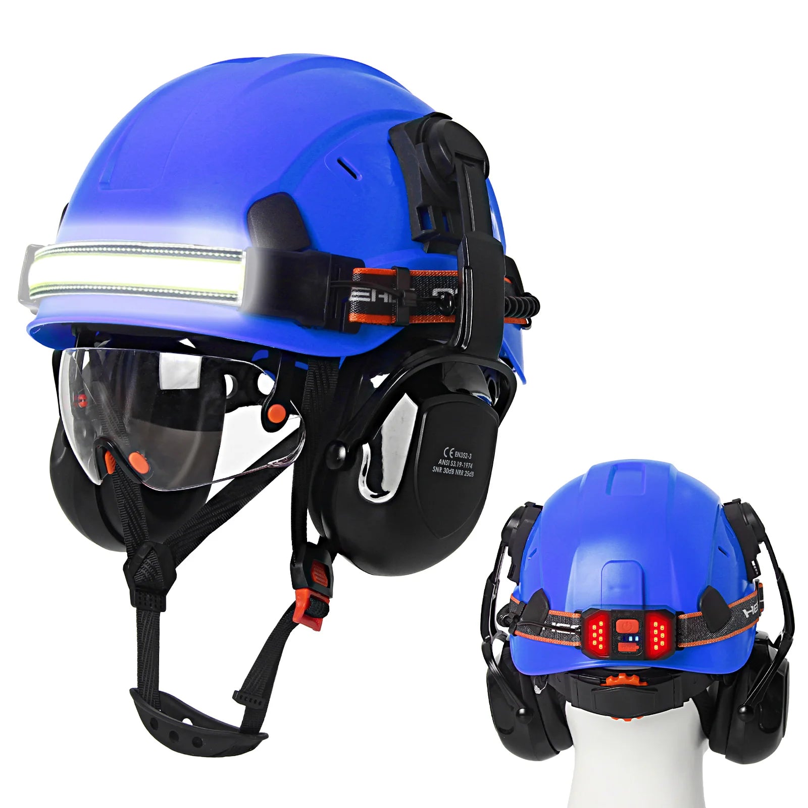 Construction safety helmet with built-in goggles, LED headlamp and earmuffs – image 19