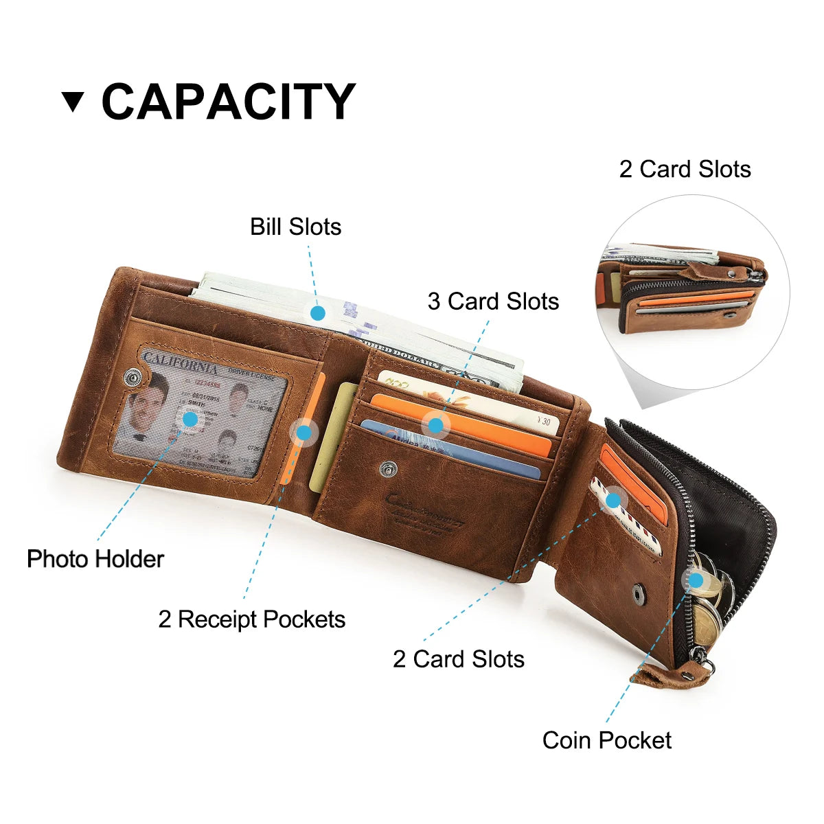 Crazy Horse Cowhide Leather Trifold Wallet with Zip Coin Pocket