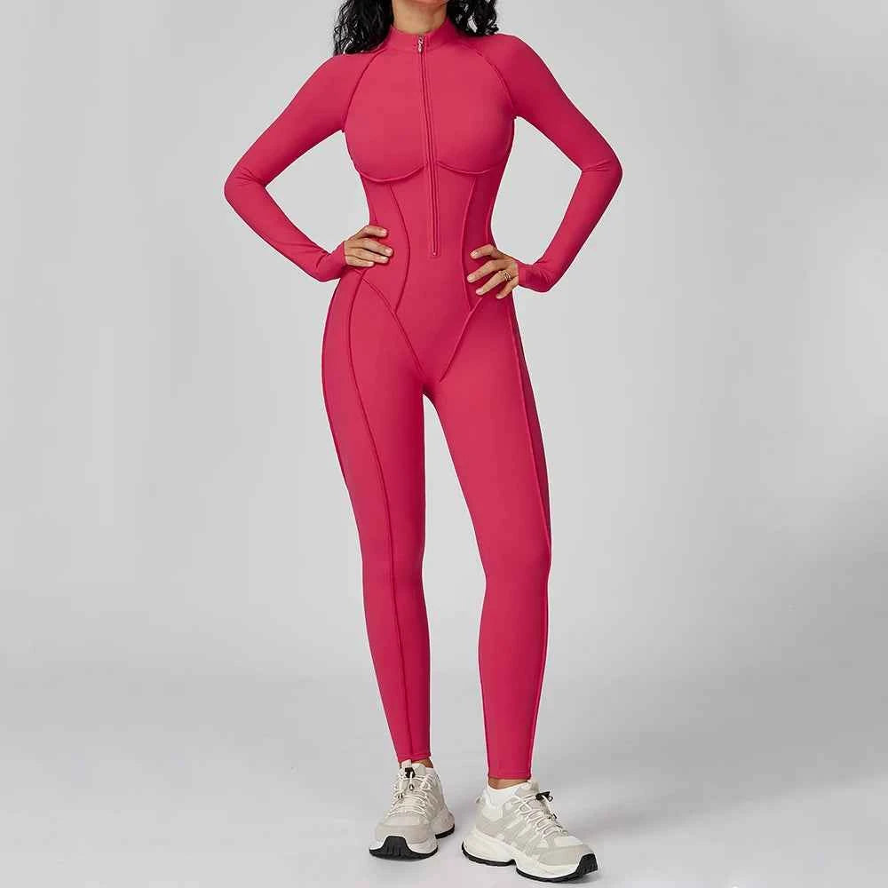 Women's Long Sleeve Yoga Bodysuit | Zipper One-Piece Gym Jumpsuit High-Intensity Fitness Tights