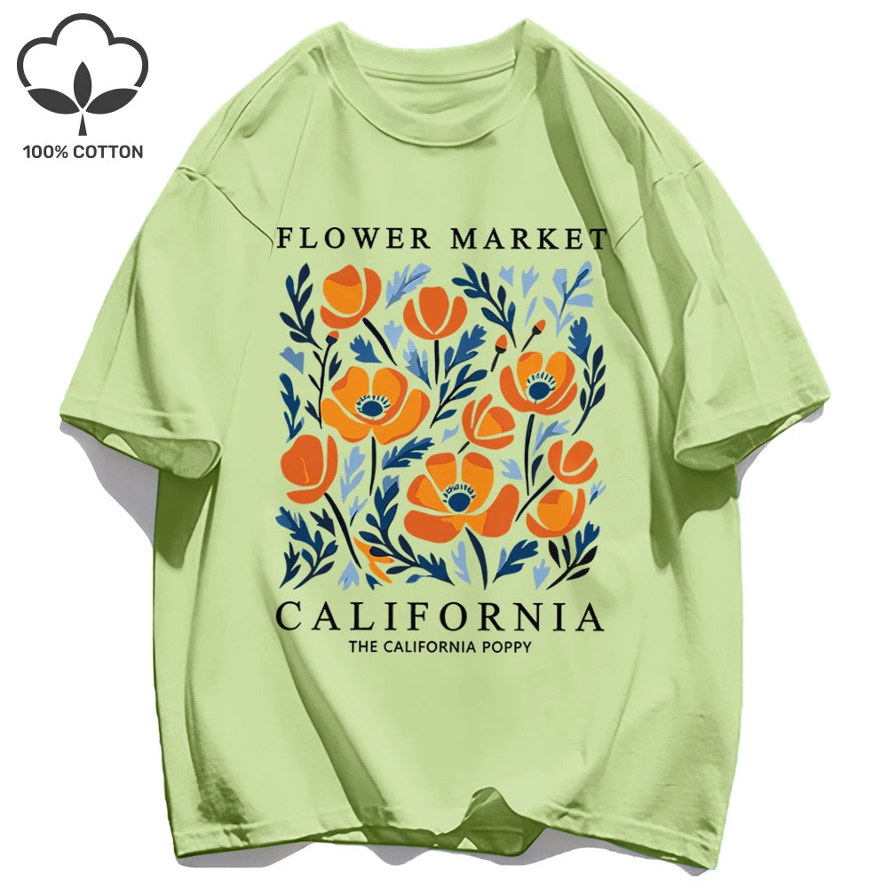 Women's California Yellow Flowers Market Print T-Shirt | Soft Cotton O-Neck Casual Crewneck Short Sleeve