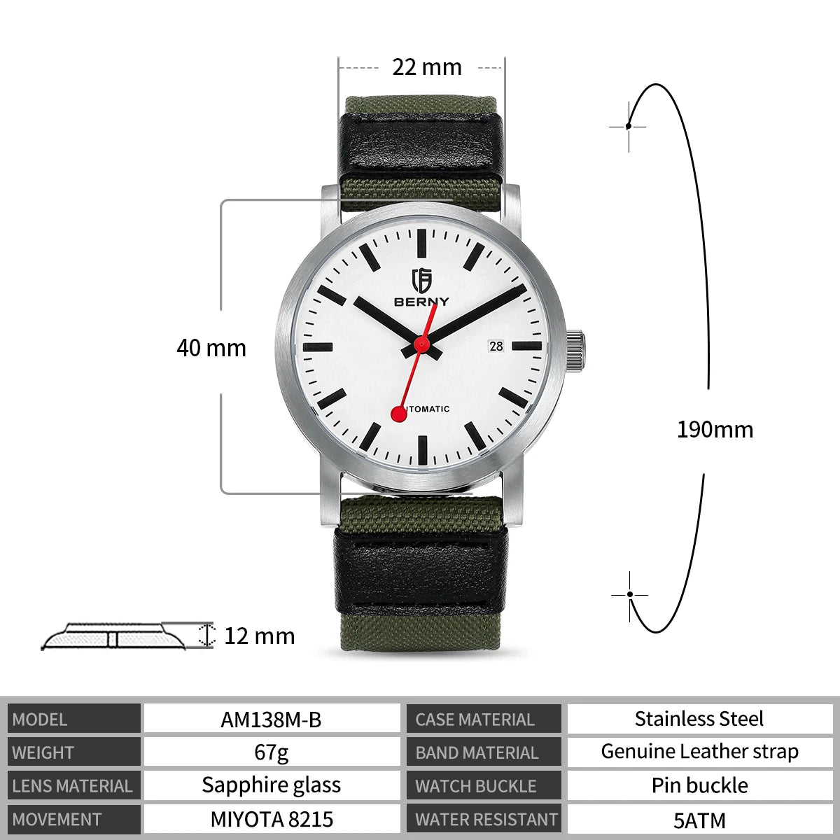BERNY Swiss Railroad Automatic Watch