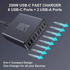 250W GaN 8-Port USB-C Desktop Charger | PD3.1 Fast Charging Station for iPhone Samsung Laptop