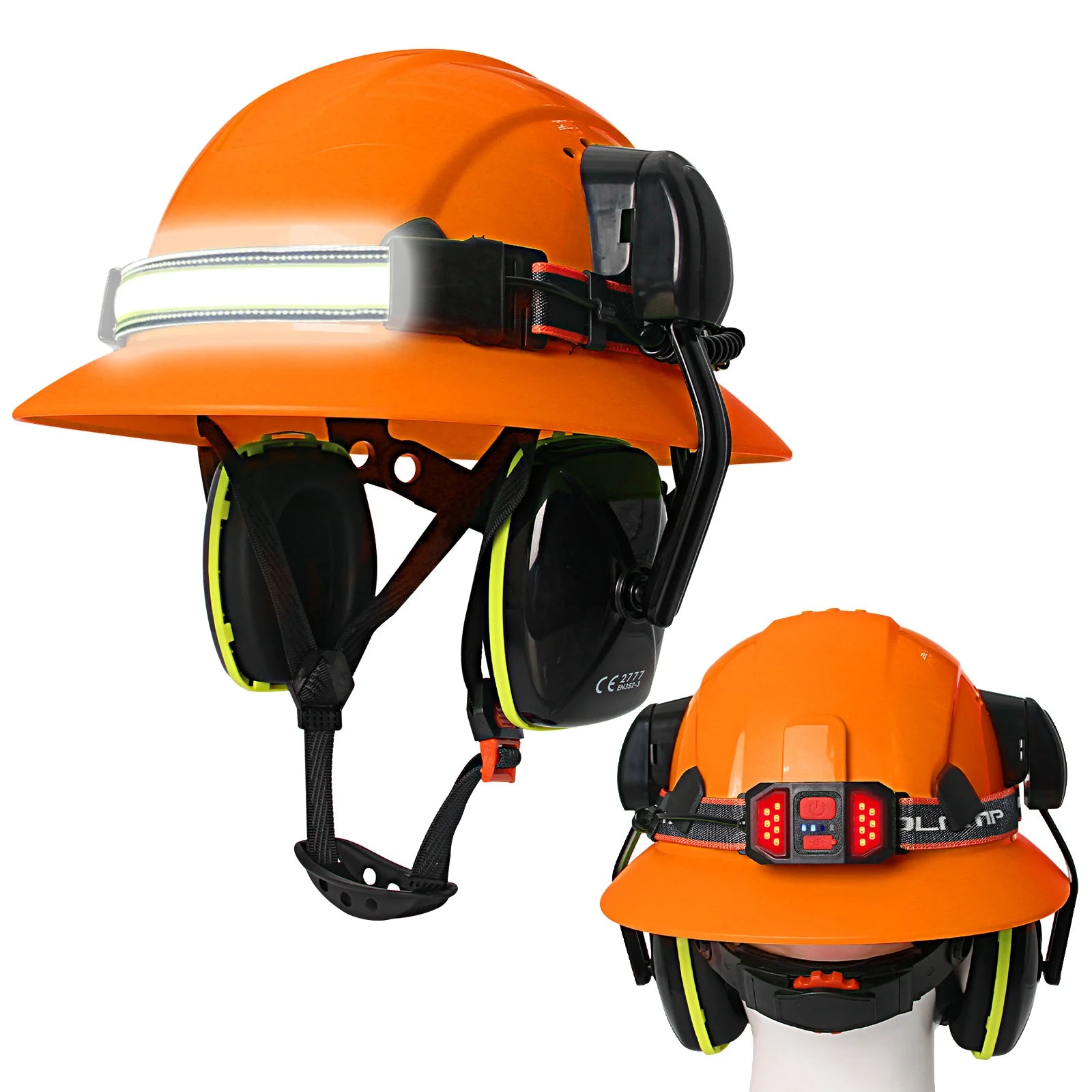 Full brim construction safety helmet with earmuffs and head lamp – image 11