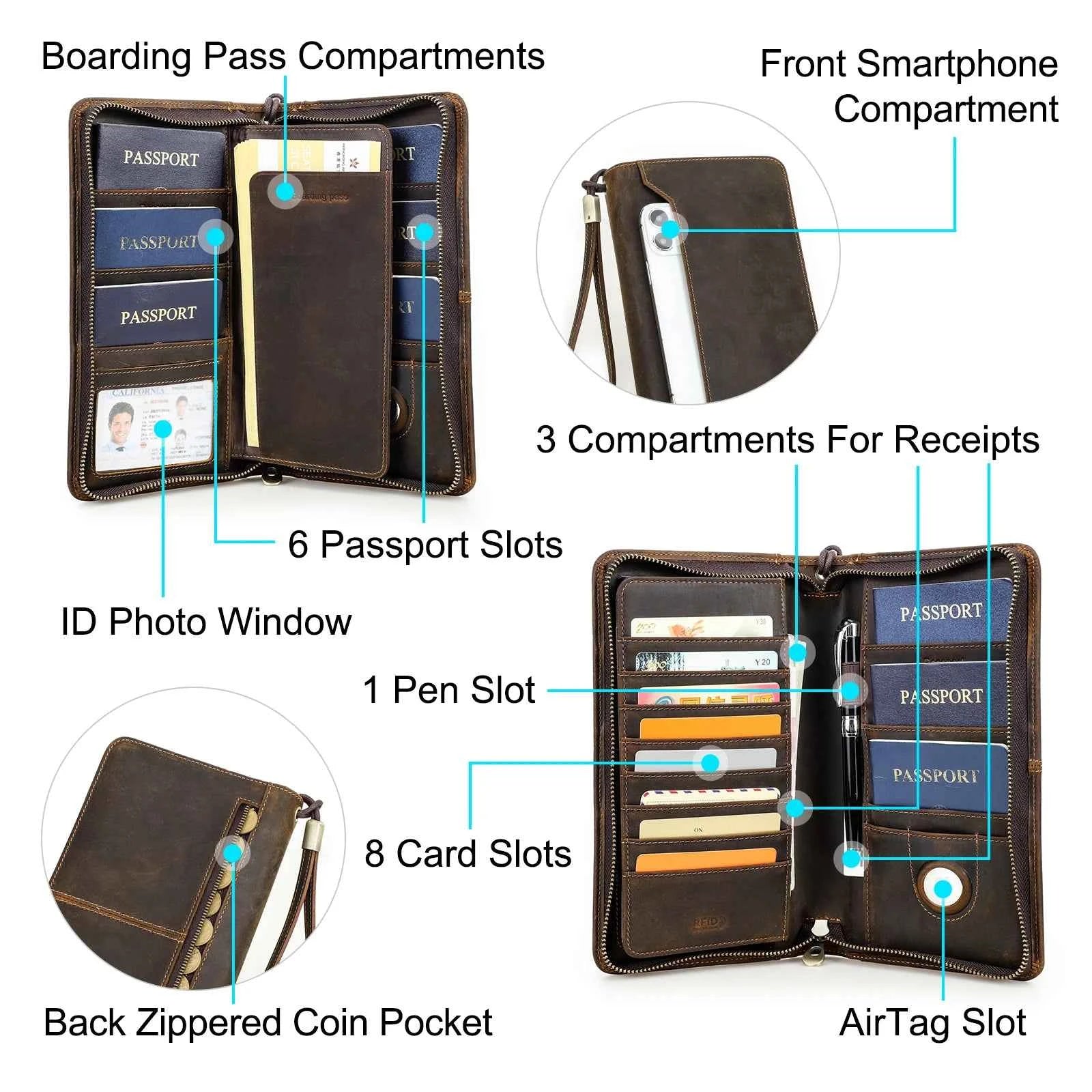 Genuine Leather Family Passport Wallet with AirTag Slot – Boarding Pass, Card & Pen Holder