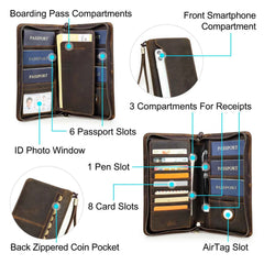Genuine Leather Family Passport Wallet with AirTag Slot – Boarding Pass, Card & Pen Holder