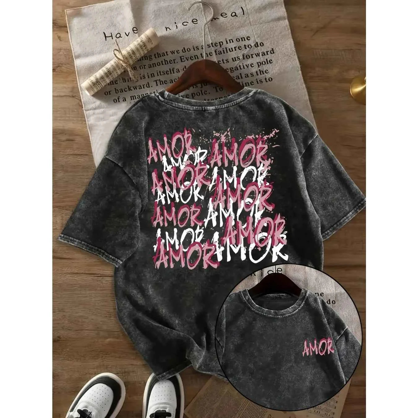 Women's "AMOR AMOR" Letter Print Washed T-Shirt | Cotton Unisex Casual Loose Fit Round Neck Summer Tee