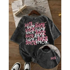 Women's "AMOR AMOR" Letter Print Washed T-Shirt | Cotton Unisex Casual Loose Fit Round Neck Summer Tee
