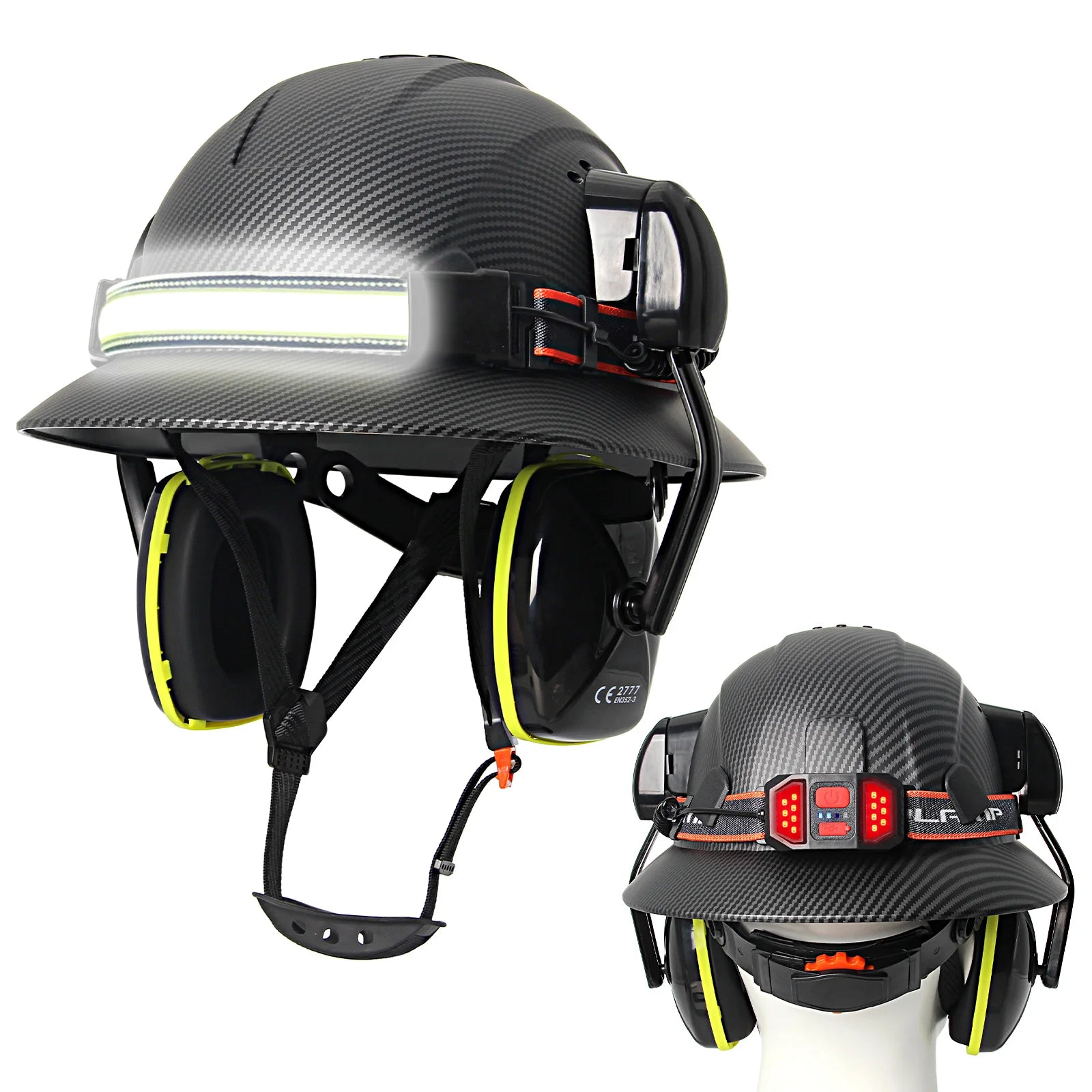 Full brim construction safety helmet with earmuffs and head lamp – image 7