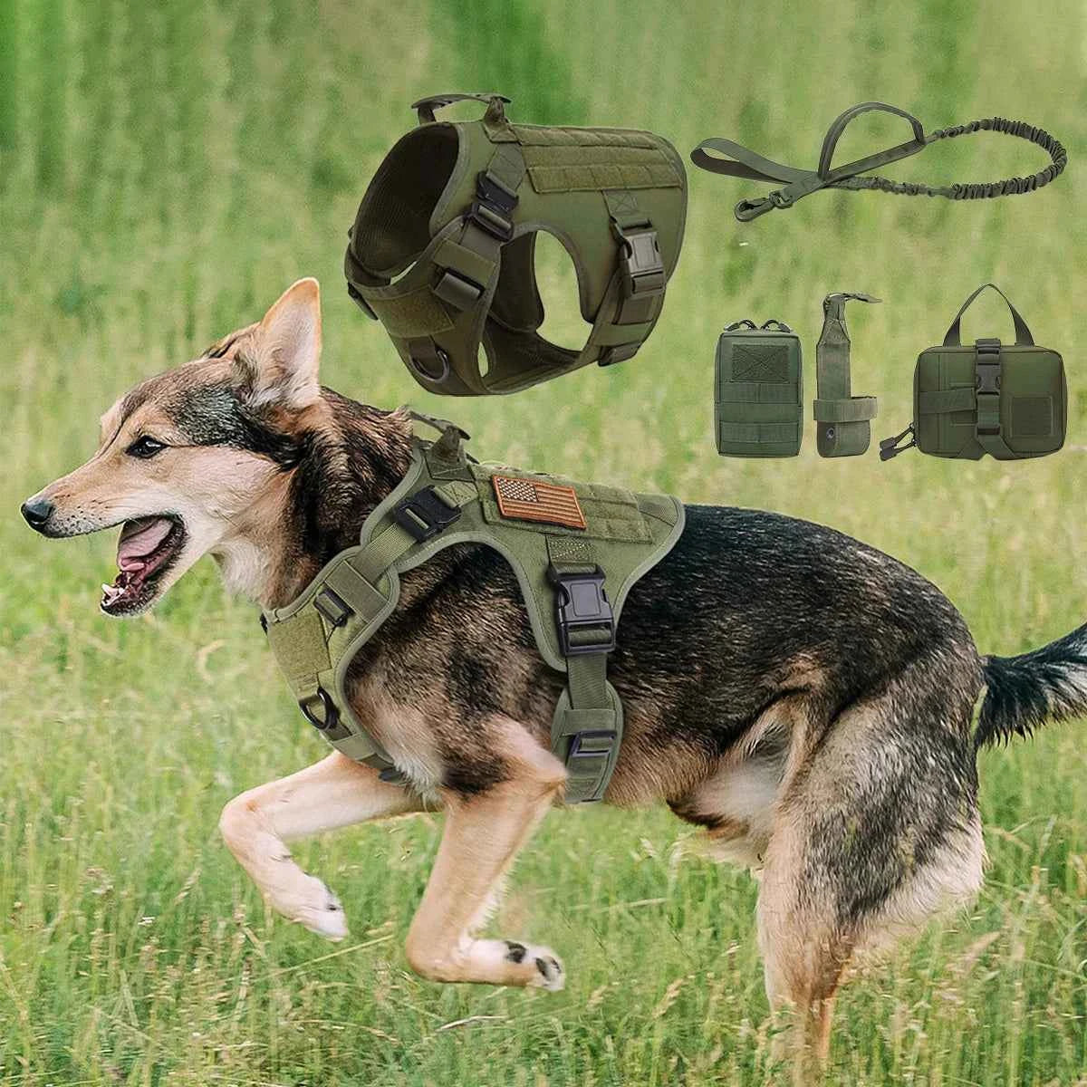 Tactical Large Dog Harness & Leash with MOLLE Pouches – Training Vest for Golden Retriever & French Bulldog