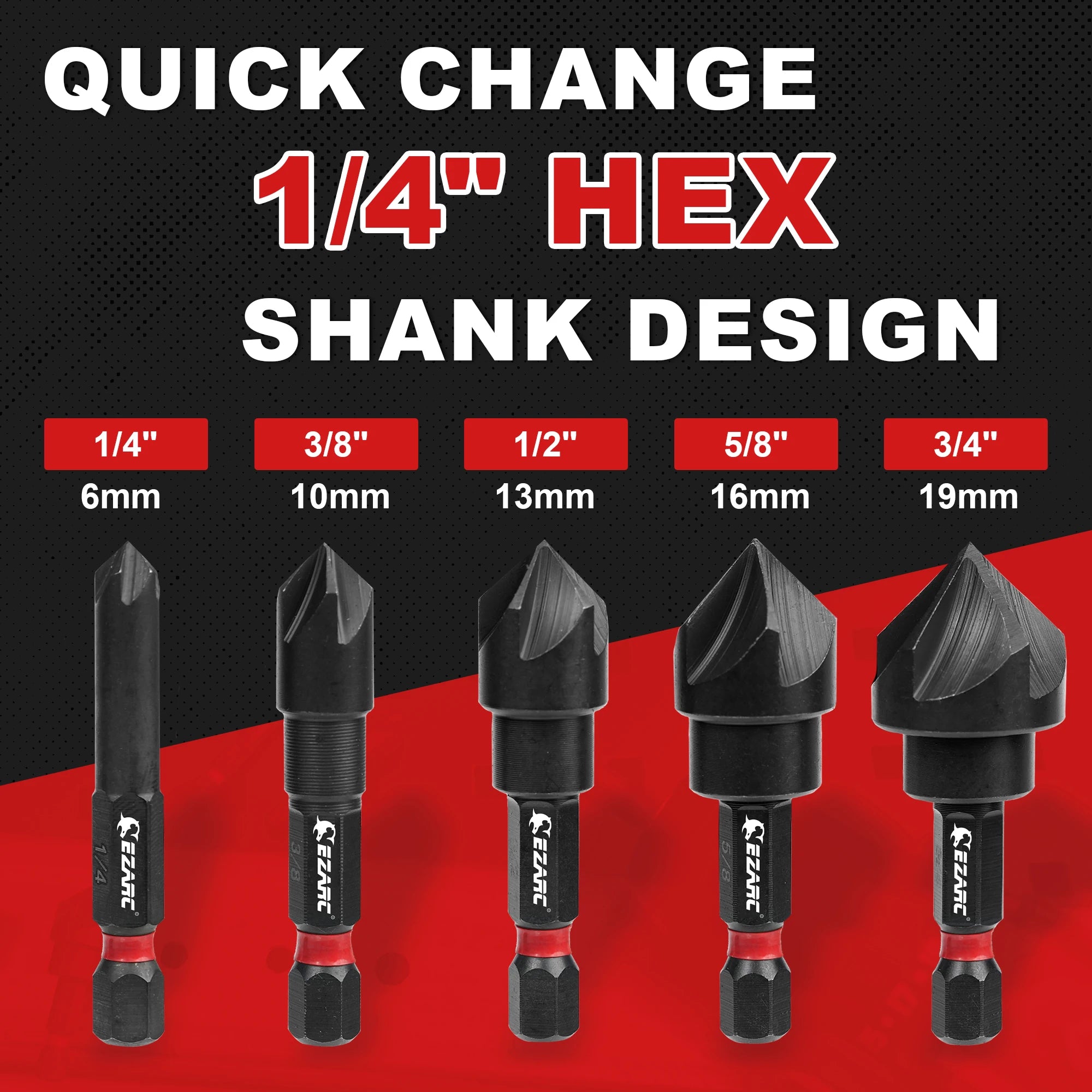 5pcs Countersink Drill Bit Set for Metal | 82° 5-Flute 1/4" Hex Shank 1/4"–3/4" Black Oxide HSS