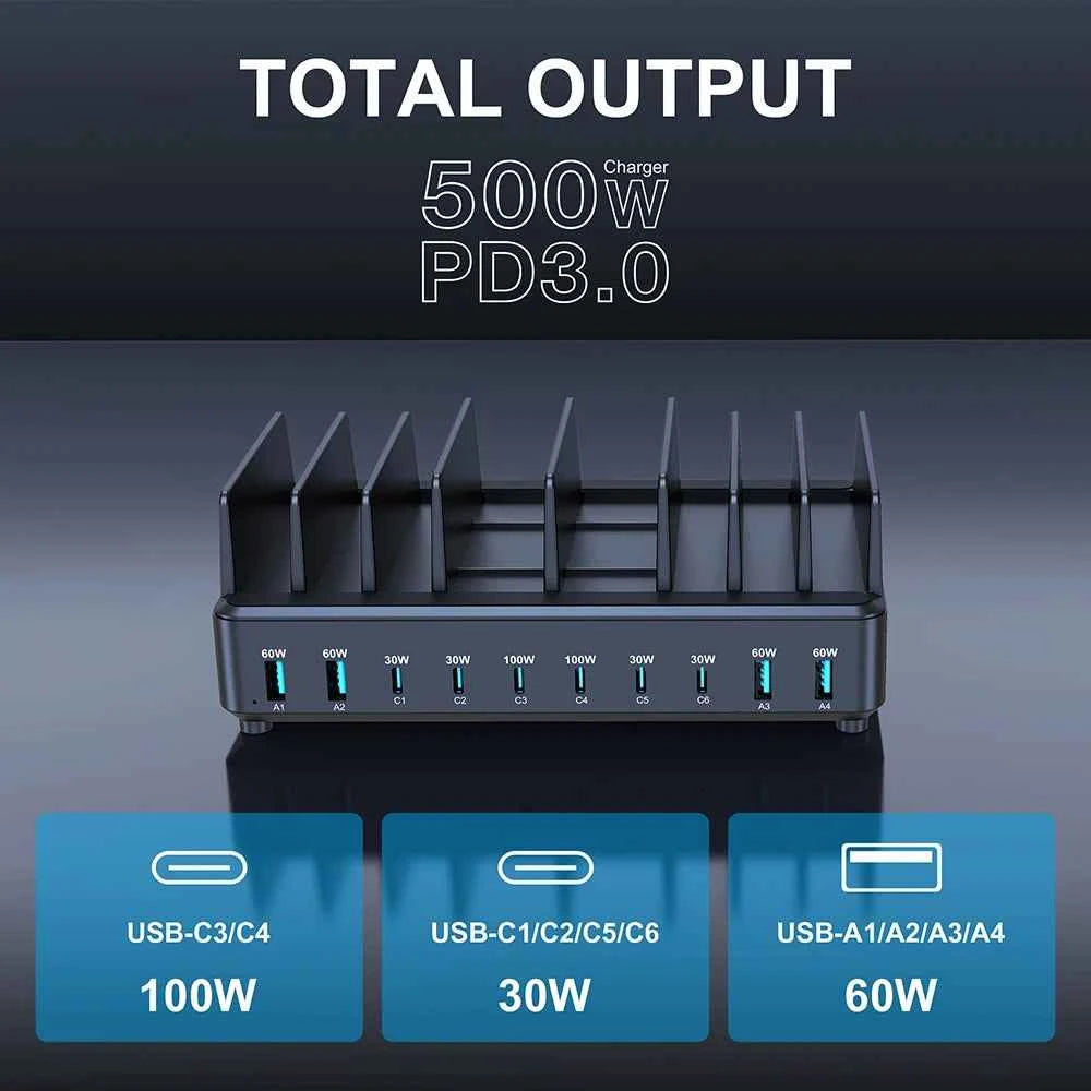 500W Multi USB-C Desktop Charging Dock | PD 100W Stand Holder Fast Charger Phone Tablet Laptop