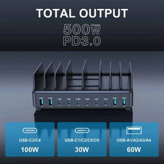 500W Multi USB-C Desktop Charging Dock | PD 100W Stand Holder Fast Charger Phone Tablet Laptop