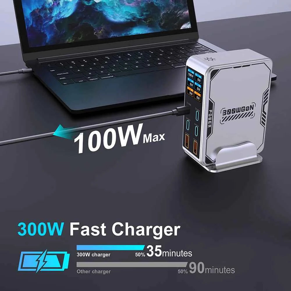 300W GaN 6-Port Digital Desktop Charging Station | PD 100W USB-C Fast Charger iPhone MacBook Laptop