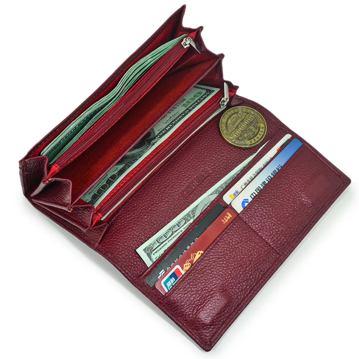 Luxury Wine Red Leather Long Wallet