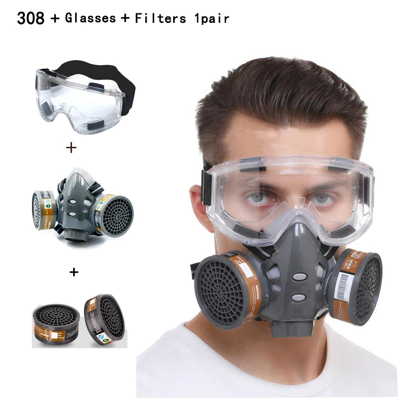 Gas Mask Respirator Set with Dual Charcoal Filters & Anti-Fog Glasses by Snagg A Face Mask