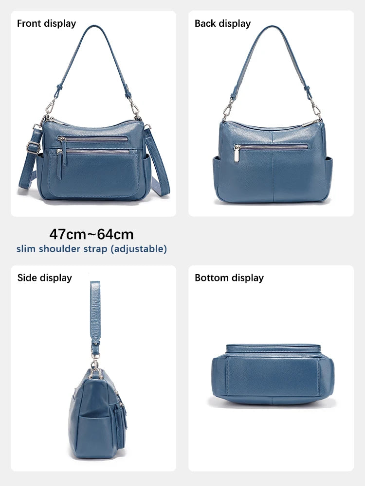 Cowhide Leather Multi-Pocket Crossbody Handbag – Fashion Shoulder & Commuter Shopper Bag for Women