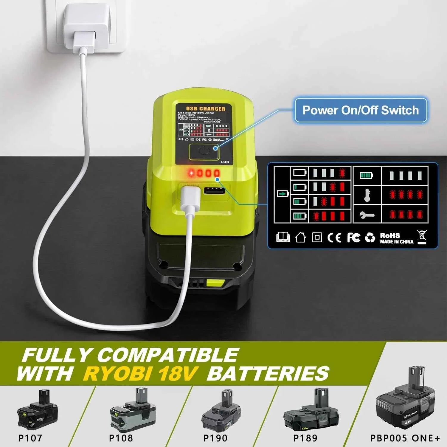 100W USB-C charger and power adapter for Ryobi 18V batteries – image 3