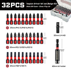 32PCS Impact Screwdriver Bits Set – PH/SL/PZ/Torx/Hex Multi Insert Bits with Magnetic Bit Holder & Adapter