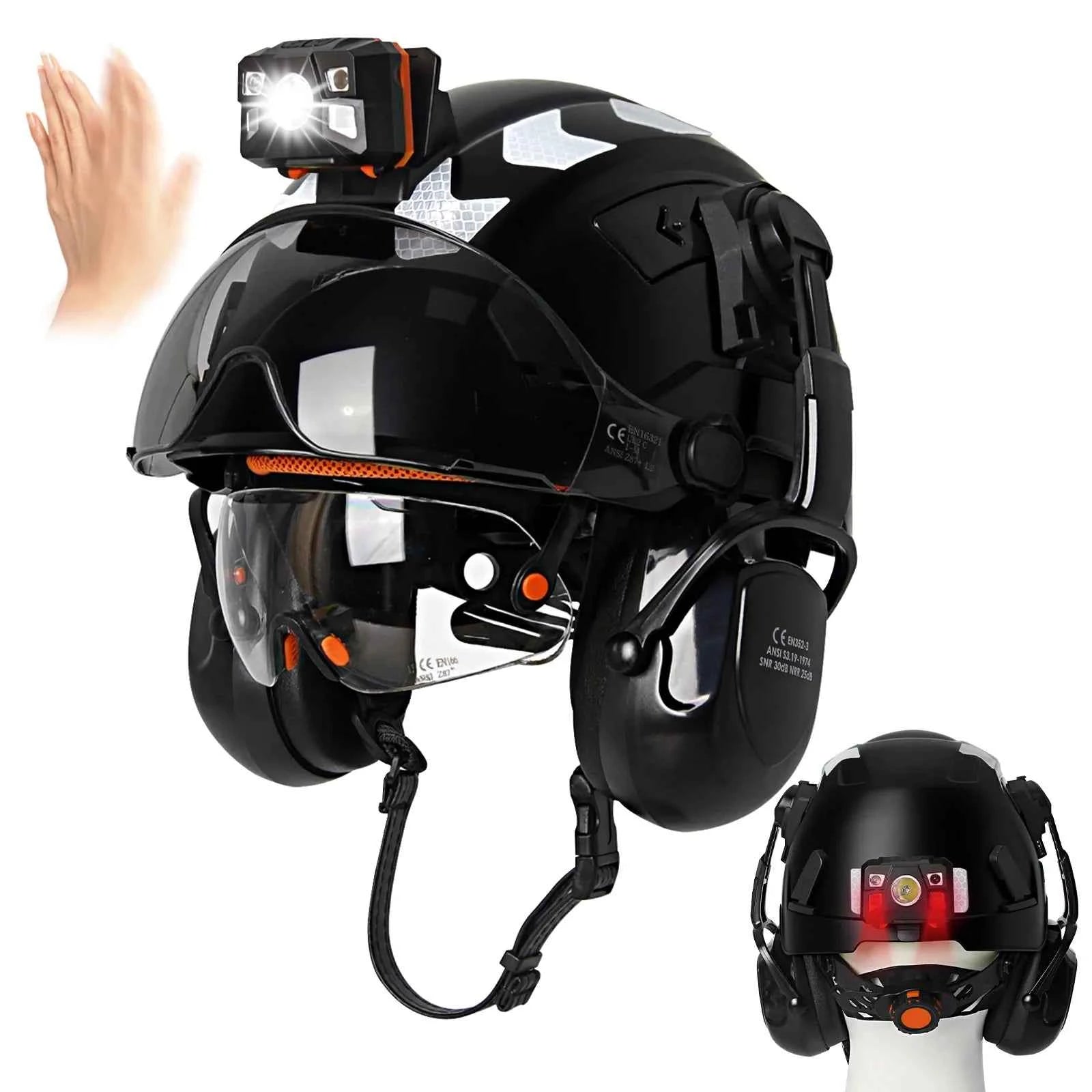 Construction safety helmet with earmuffs and head lamp – image 1