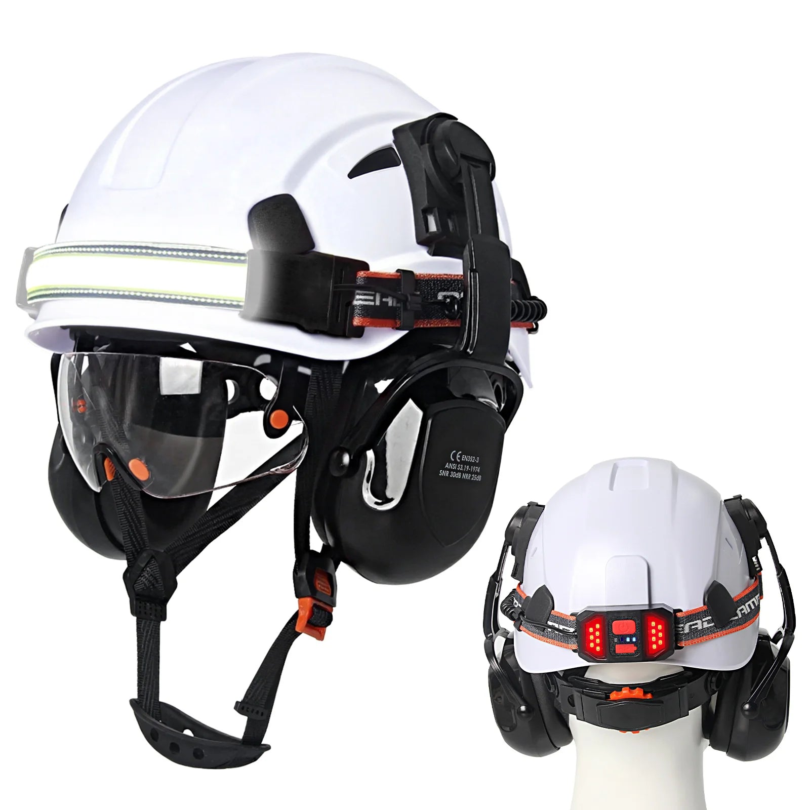 Construction safety helmet with built-in goggles, LED headlamp and earmuffs – image 13