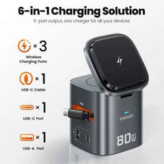 80W 6-in-1 GaN Charging Station | MagSafe 15W + PD 65W + Retractable 60W Cable Wireless Charger MacBook iPhone