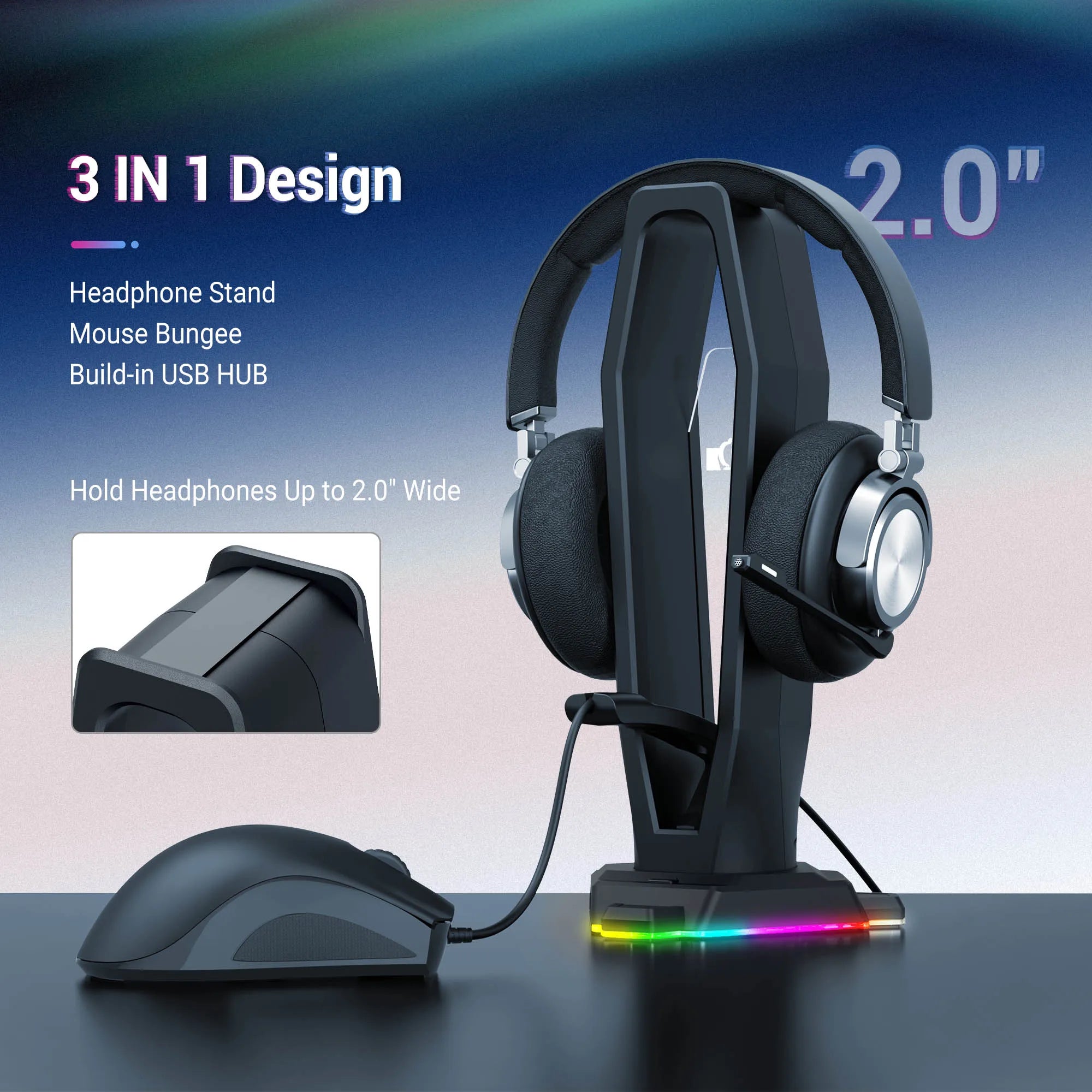 RGB Desktop Headphone Stand Detachable Mouse Cable Hook & Wire Organizer by Snagg A Headset Holder