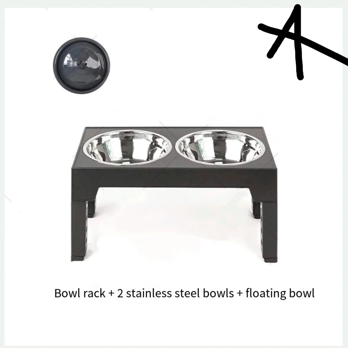 Bowl rack with two stainless steel bowls and a floating bowl on a white background