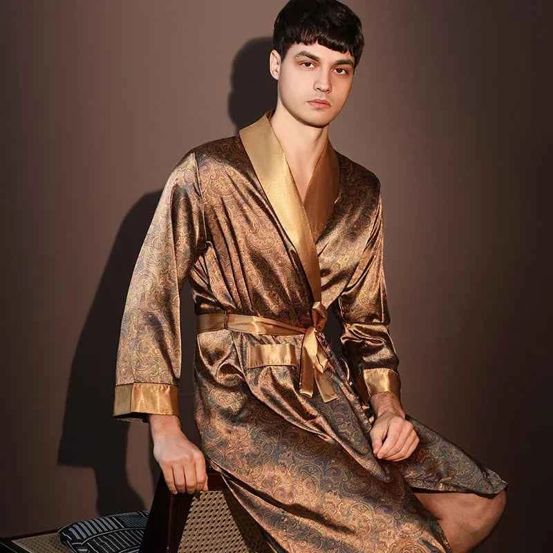 Men's Ice Silk Printed Bathrobe | Thin Summer Nightrobe Large Size Loungewear