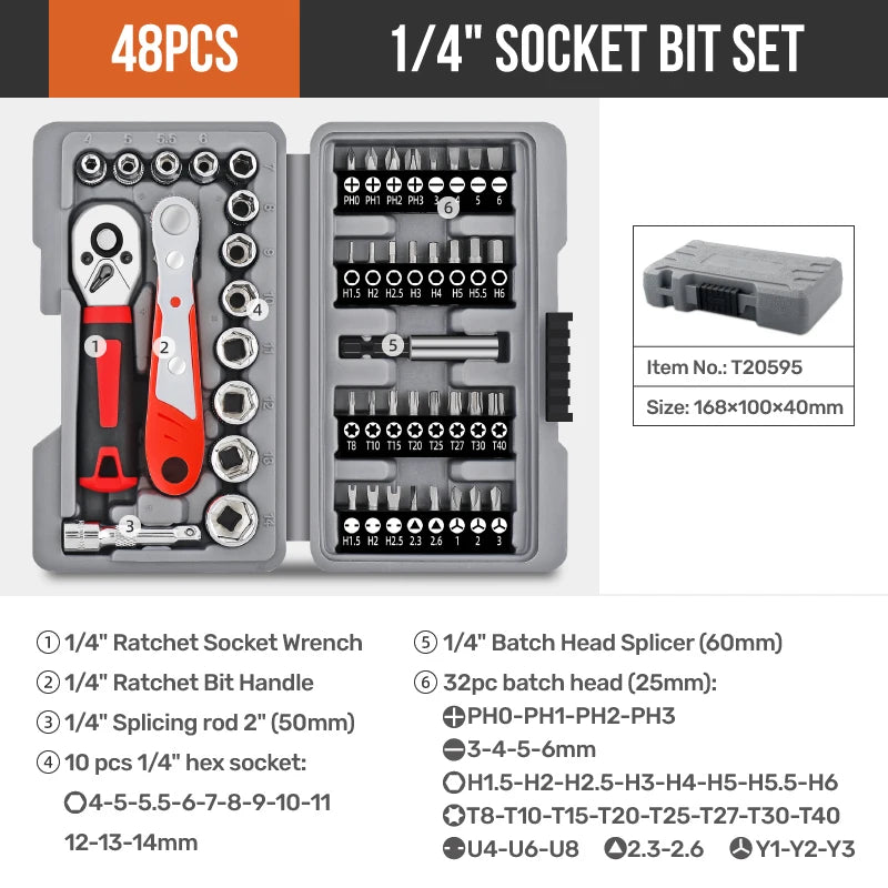 1/4" & 3/8" Ratchet Socket & Torque Wrench Set – Cr-V Steel Sockets & Screwdriver Bits for Automotive & Home Repair
