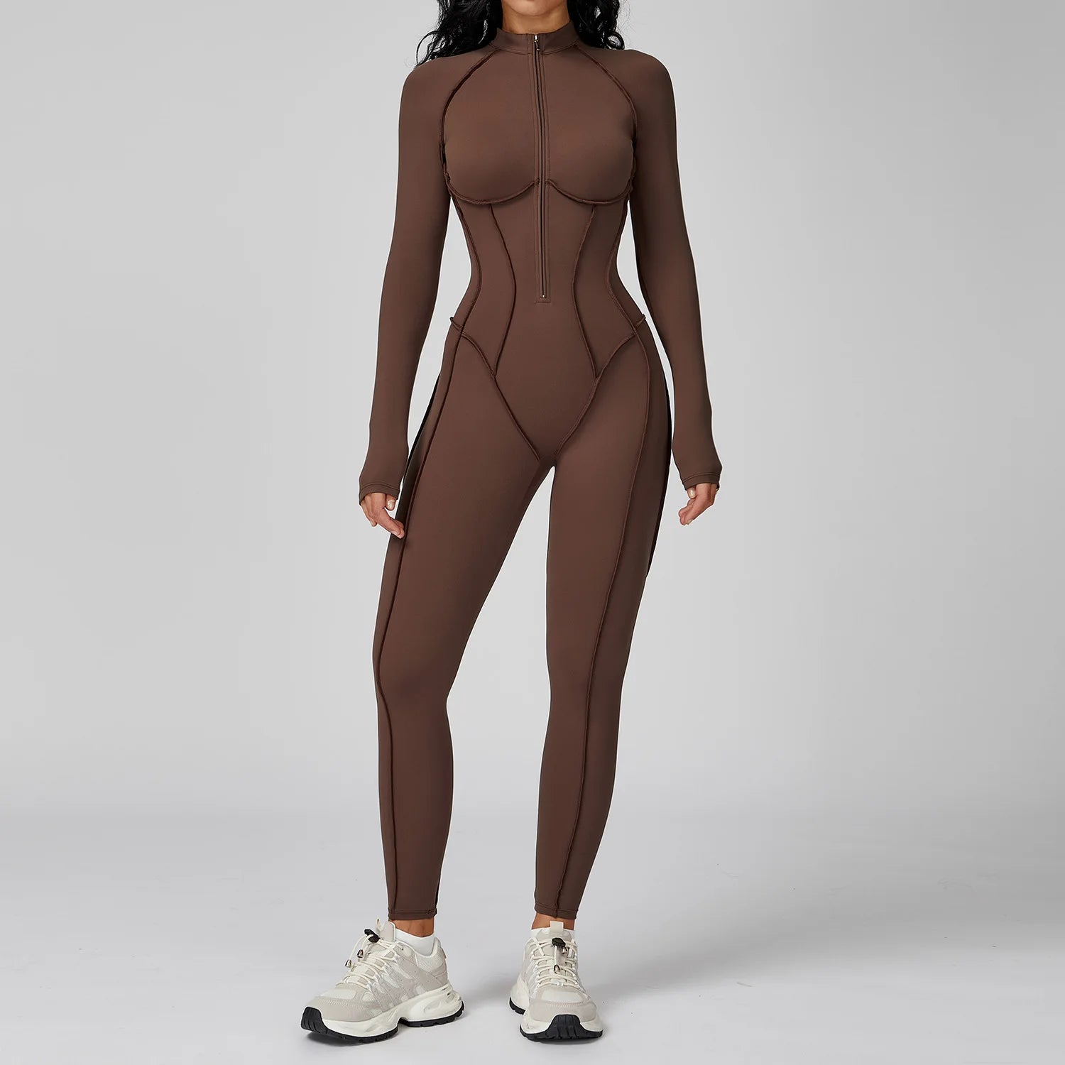 Women's Long Sleeve Yoga Bodysuit | Zipper One-Piece Gym Jumpsuit High-Intensity Fitness Tights