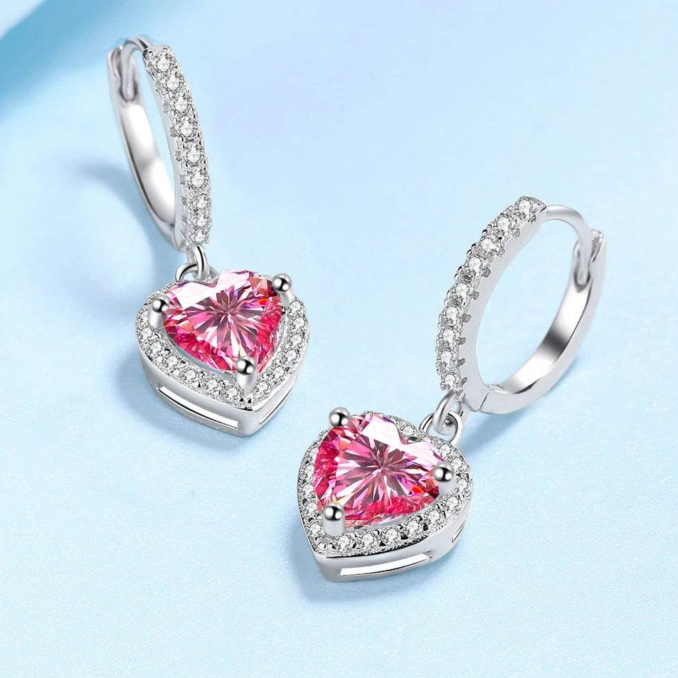 2CT Pink Heart Moissanite Drop Earrings - SnaggIt