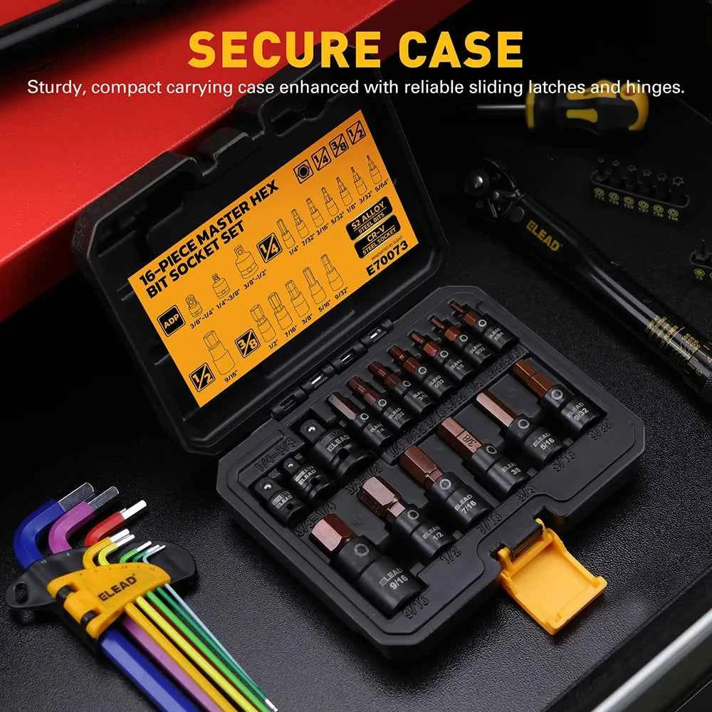 16 Piece SAE Hex Bit Impact Socket Set - Premium S2 Steel 5/64"-9/16" Allen Socket Set with Socket Adapters