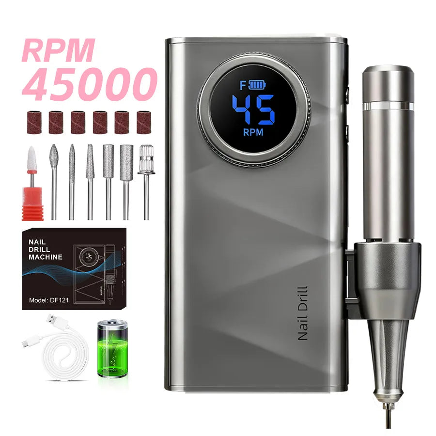 Professional 45,000 RPM Ultra Quiet Cordless Nail Drill – High-Torque 4500mAh Rechargeable Manicure Station