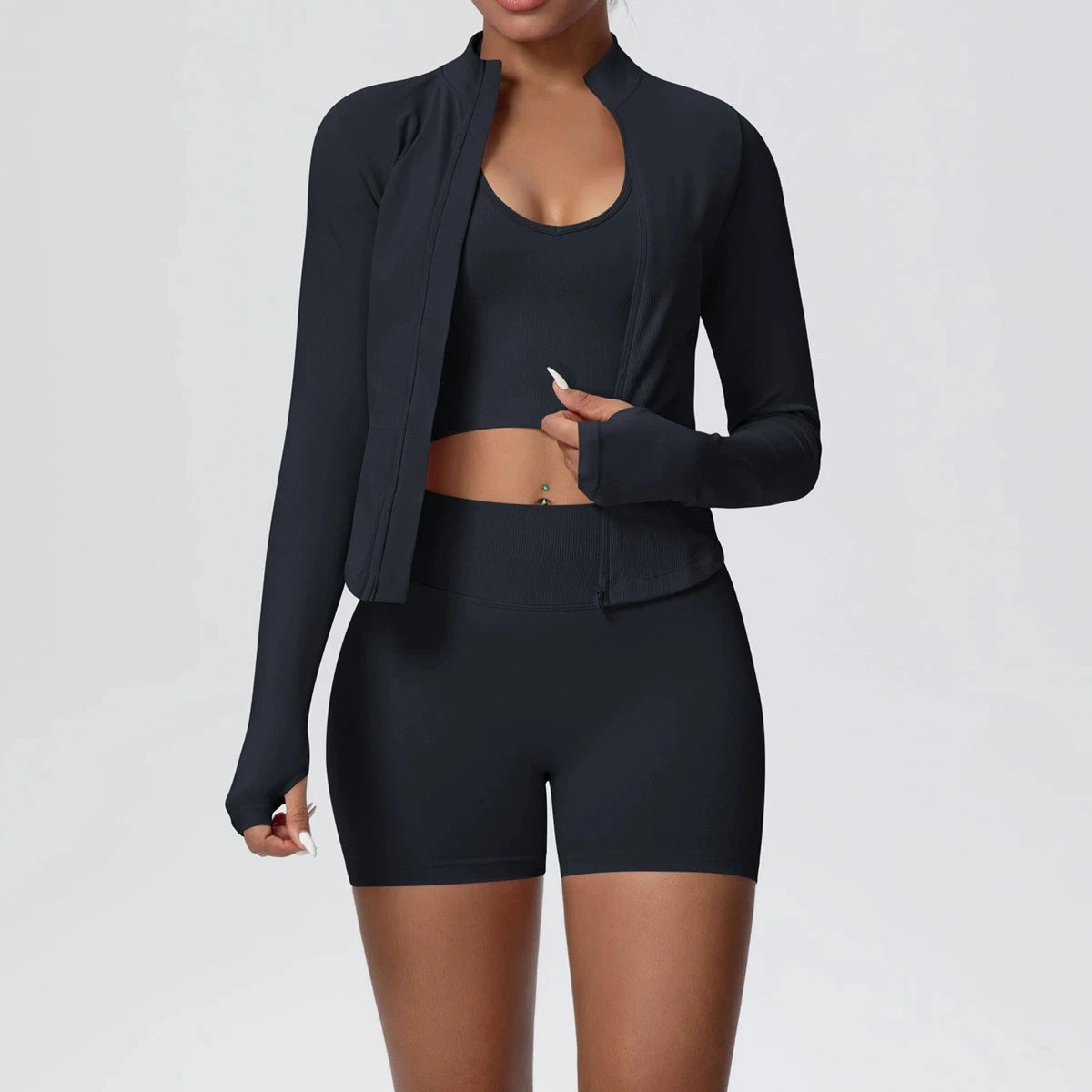 Women's 3-Piece Seamless Yoga Suit | Shockproof Bra Crop Top & Long Sleeve Gym Legging Set