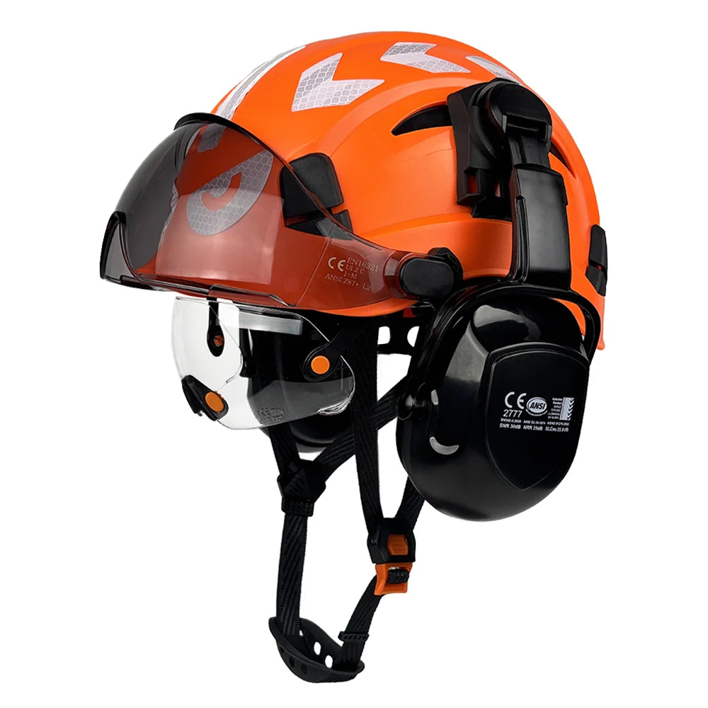 Vented construction safety helmet with twin visors, earmuffs and reflective stickers – image 10