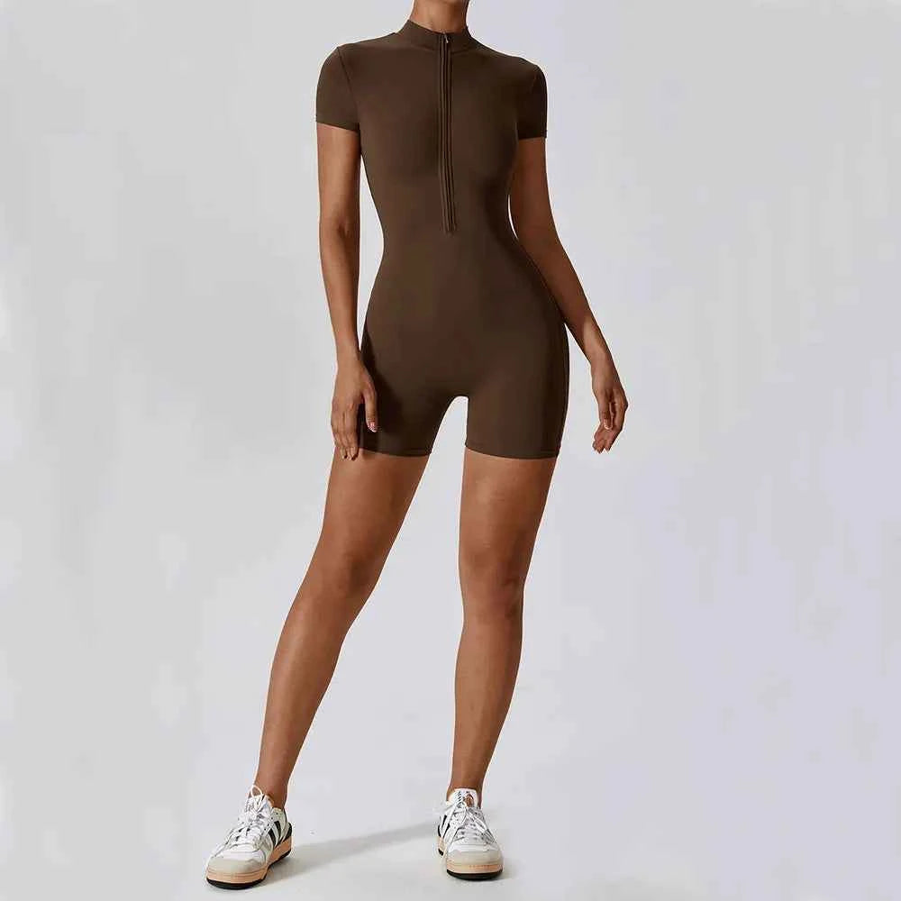Women's Short Sleeve Zipper Yoga Jumpsuit | Sports Bodysuit Gym Fitness Dance Running Workout