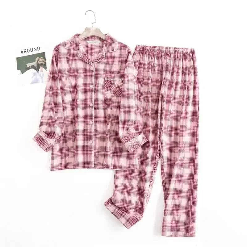 Women's Cotton Flannel Pajama Set | Plaid Long Sleeve Long Pants Loose Autumn Winter Sleepwear