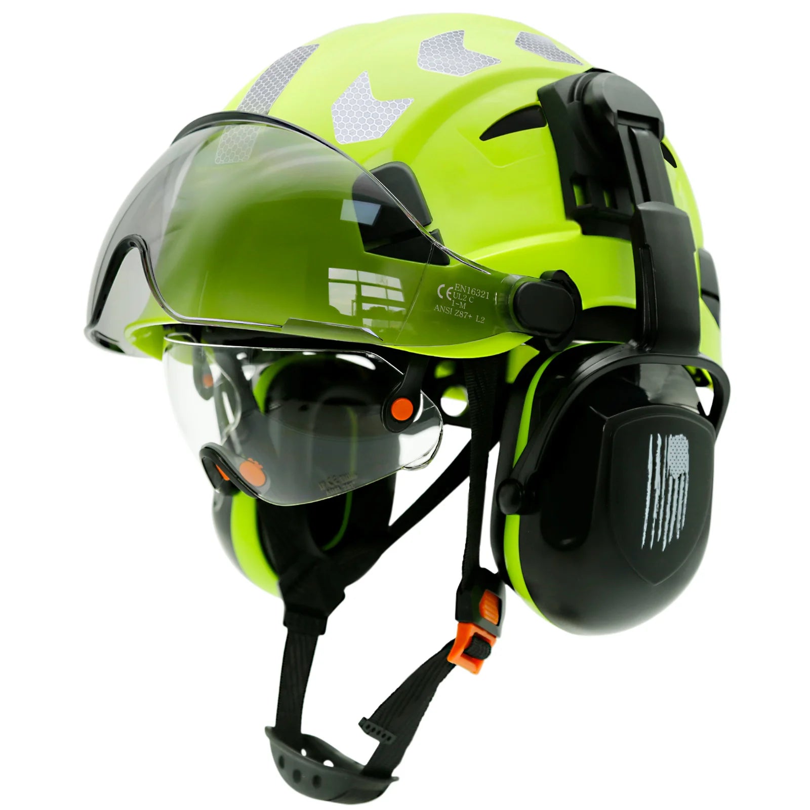 Vented construction safety helmet with double visors and earmuffs – image 9