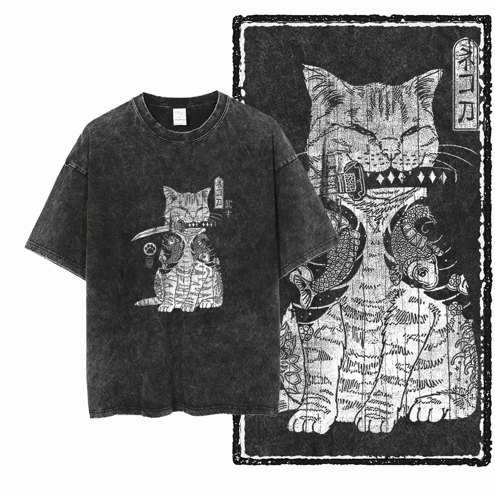 Acid Washed Cat Graphic Unisex T-Shirt | Cotton Streetwear Big Size Vintage Tee
