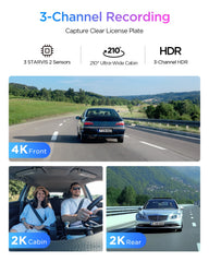 4K Triple Channel SSD Dash Cam | Sony STARVIS 2 Night Vision & Fisheye Cabin View
