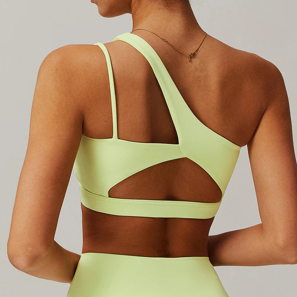 Women's Oblique Shoulder Yoga Bra | Hollow-Out Back Push-Up Gym Running Fitness Vest Workout Top