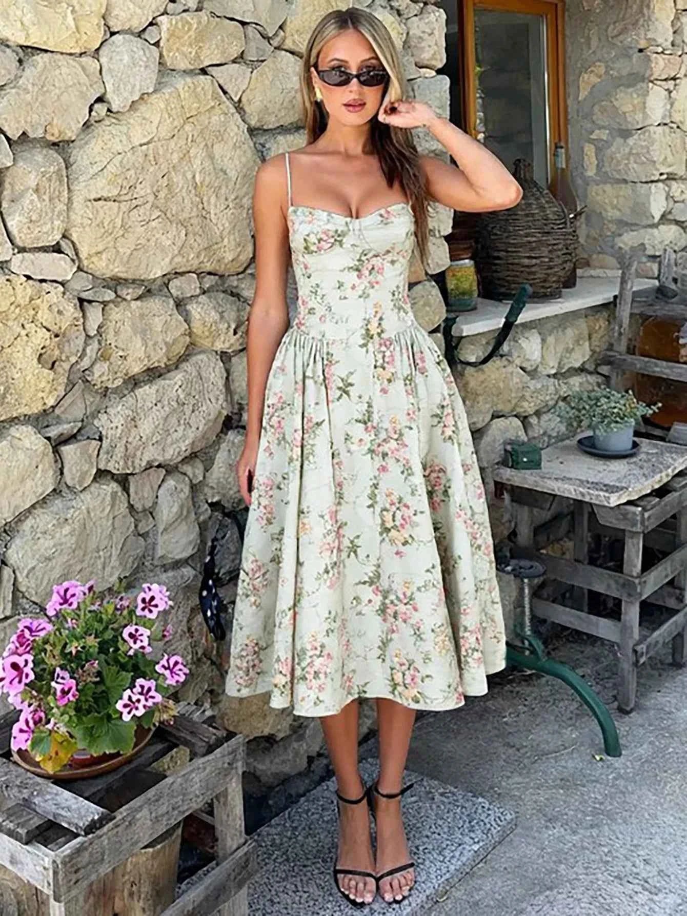 Vintage Floral High Waist A-Line Midi Dress – Women's Sundress for Wedding Guest & Evening