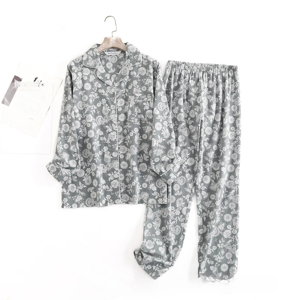 Women's Cotton Flannel Pajama Set | Plaid Long Sleeve Long Pants Loose Autumn Winter Sleepwear