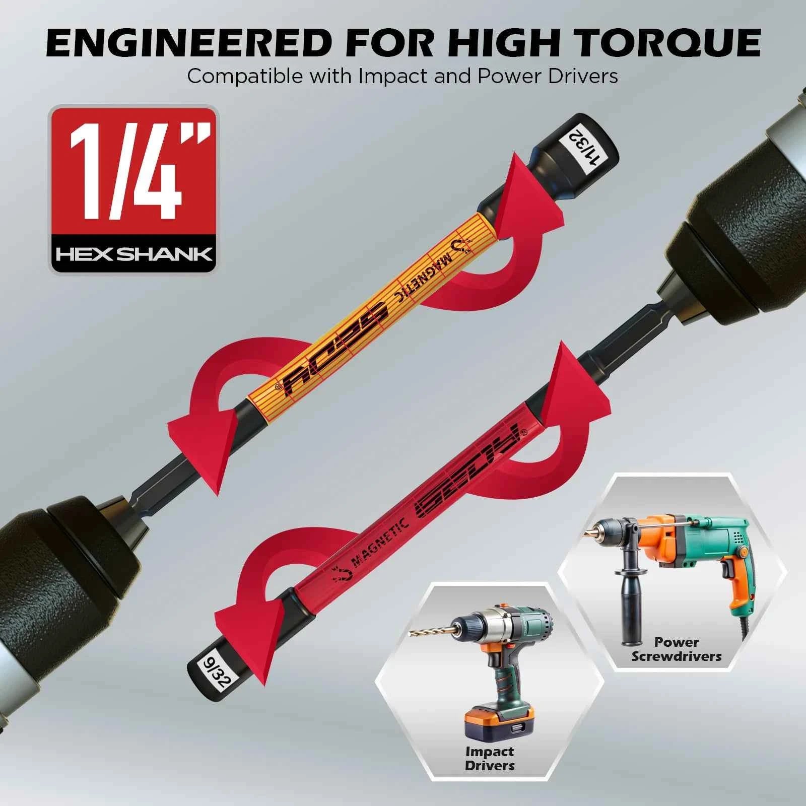 11 Pcs Magnetic Nut Driver Set SAE 9/16"-1/4", 6" Impact Nut Driver+PH2 Bits