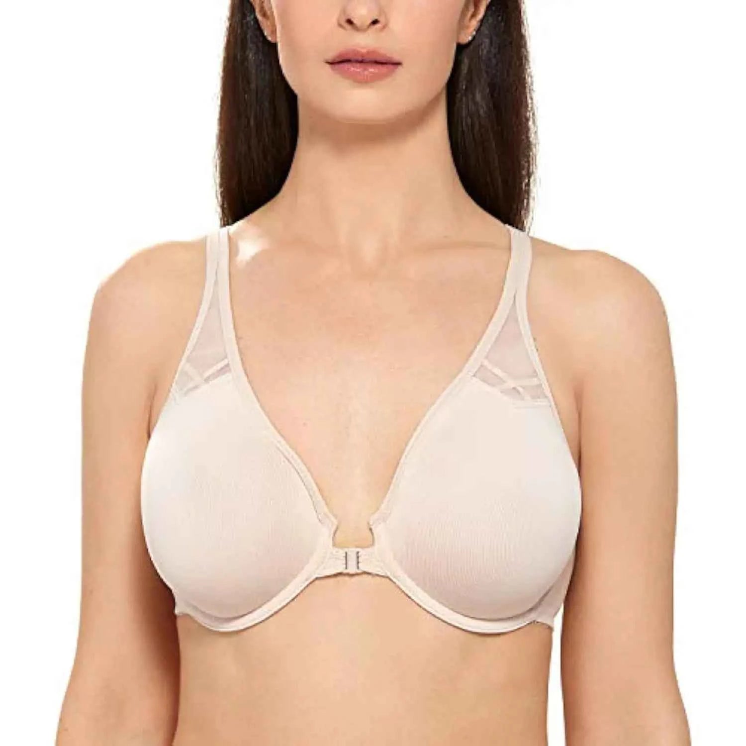 Plus Size Front Closure Racerback Bra | Underwire Plunge Full Coverage Supportive Unlined